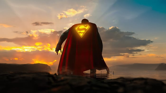 Superman standing in water at sunset