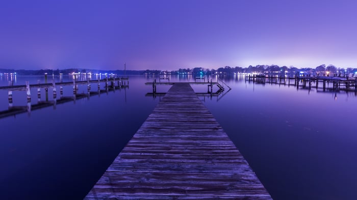 Wooden pier on a calm lake at dusk