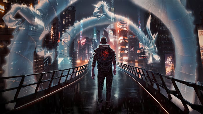 Cyberpunk 2077: Man walks through a futuristic city with dragon holograms