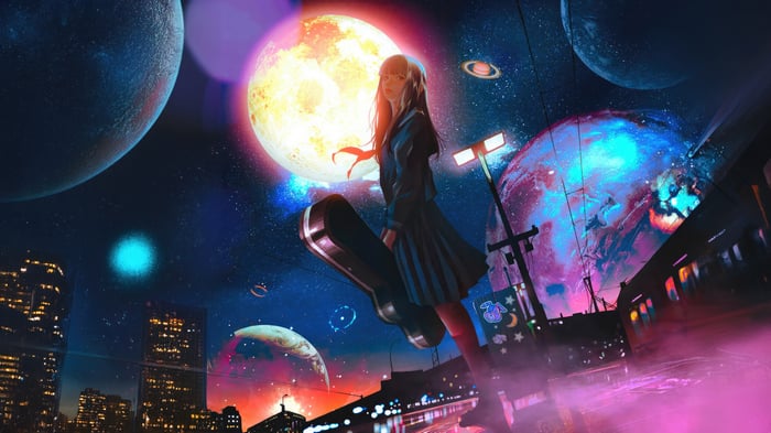 Girl with a violin case in a cosmic city