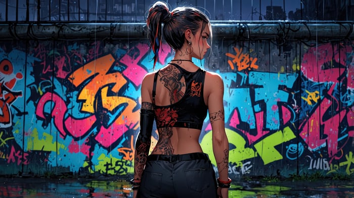 Girl with Tattoos in Front of Graffiti Wall