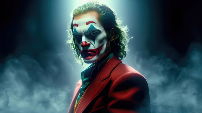 Joker in a Red Suit with Clown Makeup