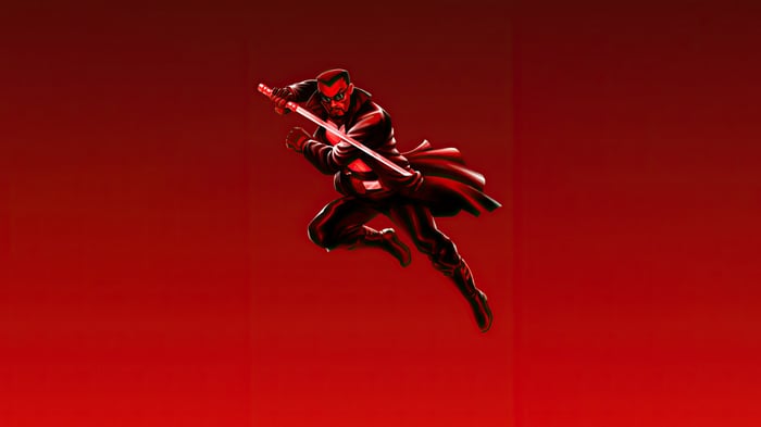 Blade holding a sword on a red background