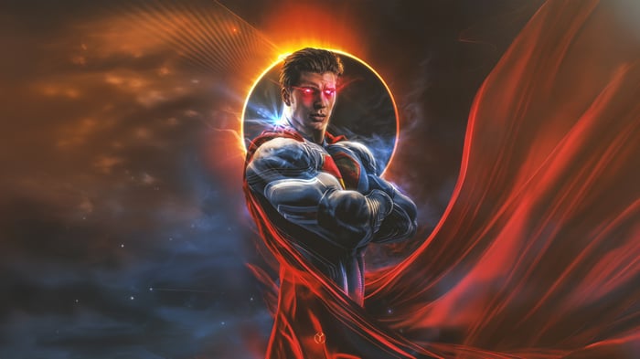 Superman with red eyes and cape