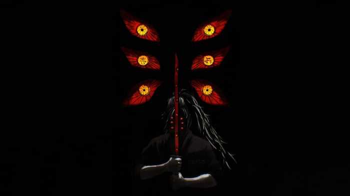 Kokushibo from Demon Slayer with multiple eyes and sword