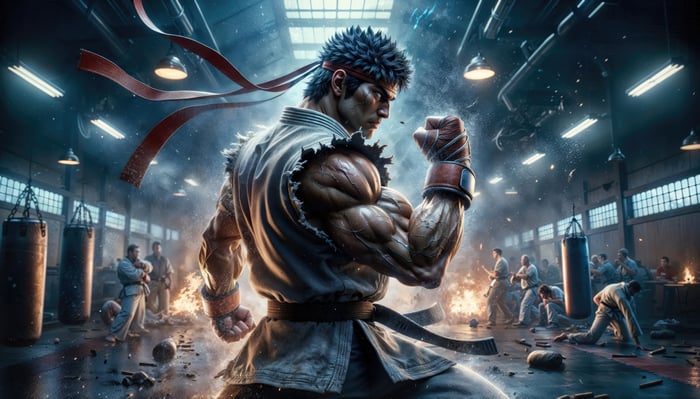 Ryu from Street Fighter in a dojo