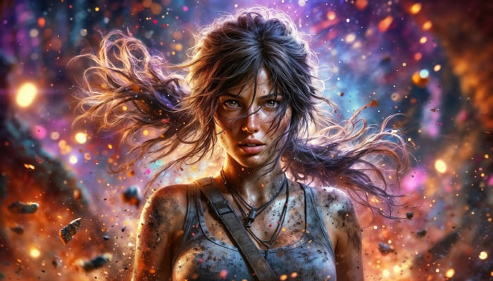 Lara Croft in a cosmic explosion