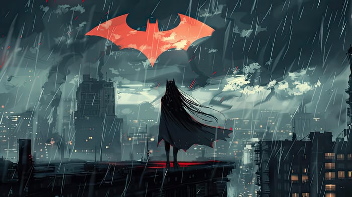 Batman in the Rain with Bat Symbol Umbrella