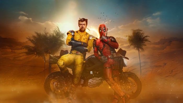 Deadpool and Wolverine on a motorcycle in the desert