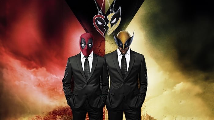 Deadpool and Wolverine in Suits with Heart Necklaces