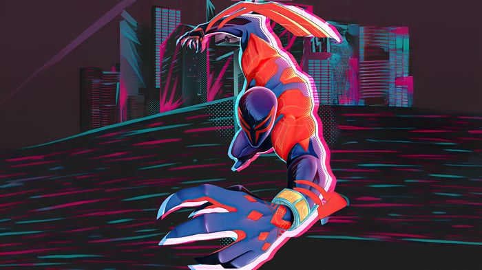 Spider-Man 2099 in a stylized city