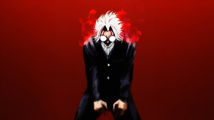 Okarun from Dandadan with white hair and glasses