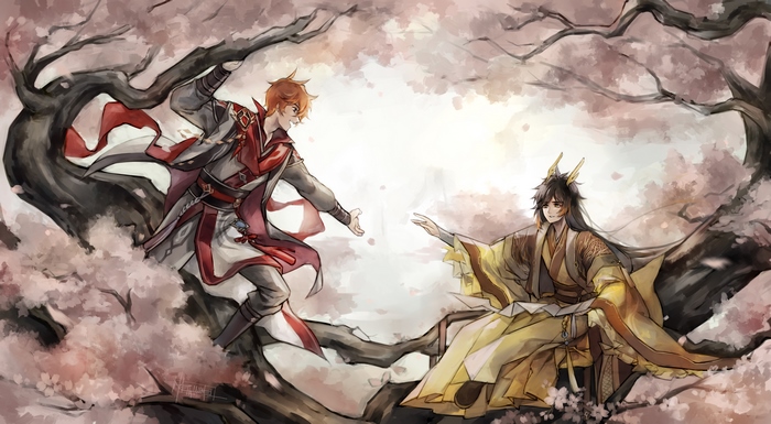 Tartaglia and Zhongli in cherry blossoms 4K