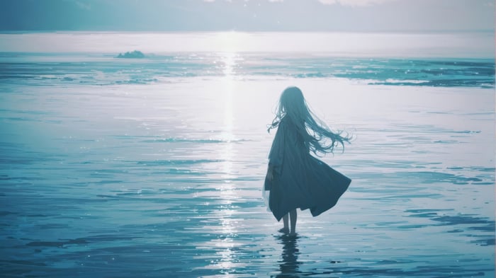 Girl standing in the ocean at sunset