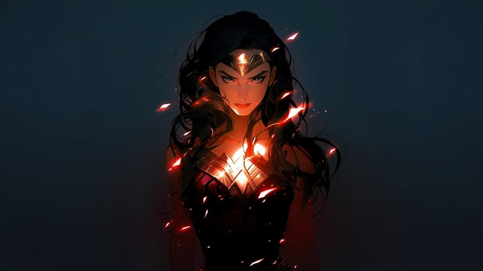Wonder Woman with glowing armor and fiery particles