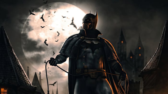 Batman with a Whip in Front of a Full Moon