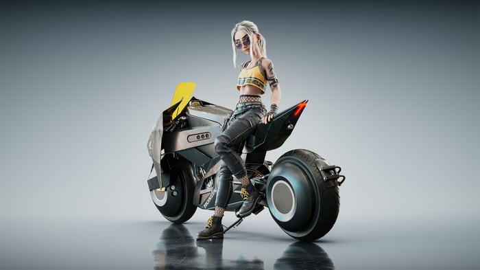 Taylor sitting on a futuristic motorcycle