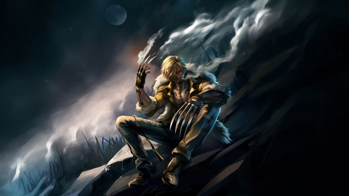 Wolverine in an anime style sitting on rocks