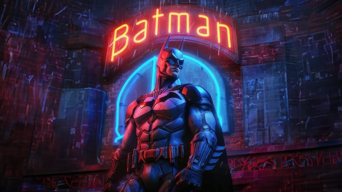 Batman in front of a neon sign