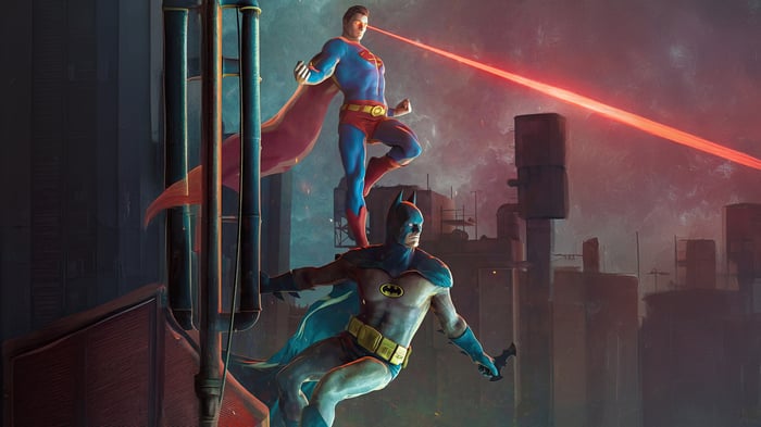Superman and Batman in a dark city