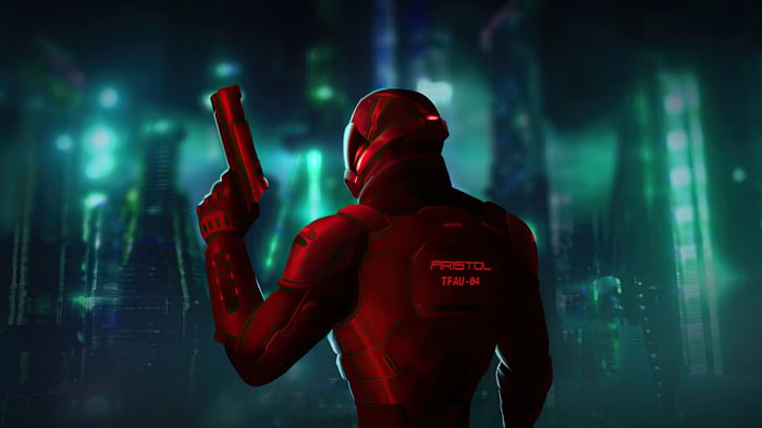 Red armored figure with pistol in futuristic city