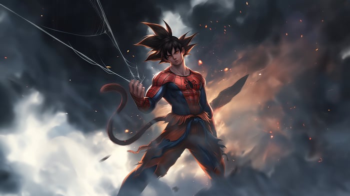 Goku as Spider-Man in a dramatic sky