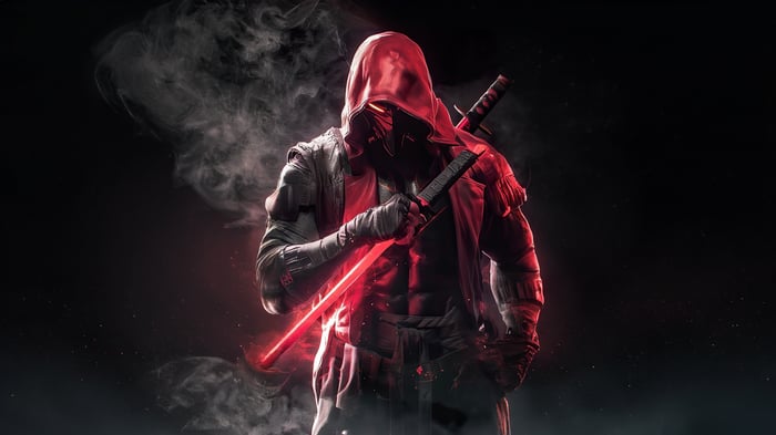 Red Hood with glowing red katana and samurai swords