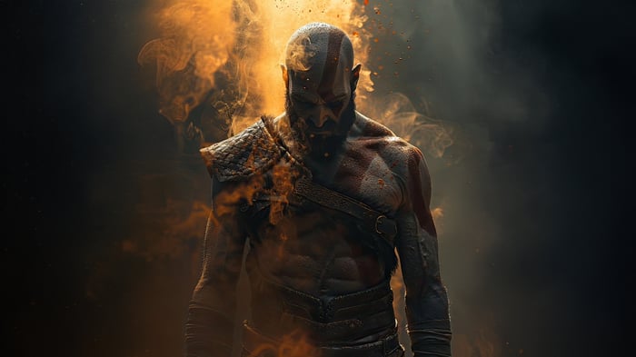 Kratos from God of War surrounded by fire