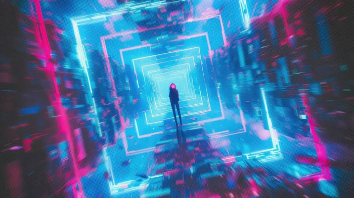 Neon Vortex Tunnel with a Figure