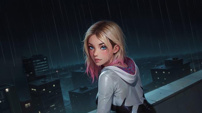Gwen Stacy in the Rain on a Rooftop