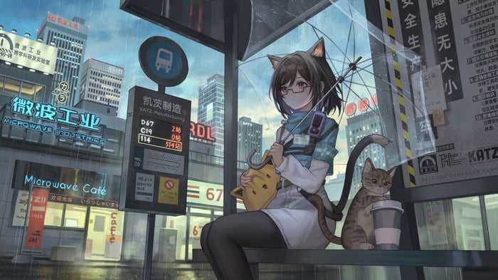 Anime Girl with Cat at Bus Stop in Rain
