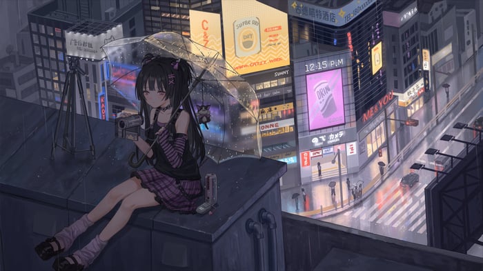 Anime Girl With Umbrella Sitting On Rooftop