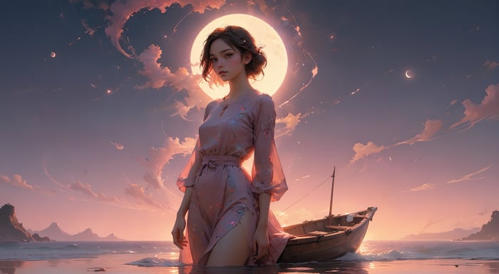 Girl in a pink dress by the sea at night