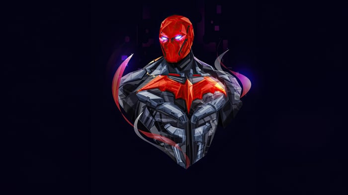 Red Hood in stylized armor with glowing eyes