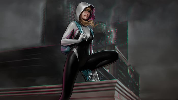 Gwen Stacy in Spider-Gwen Suit on Rooftop