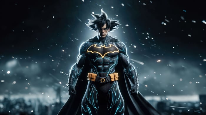 Goku as Batman in a dark, snowy city