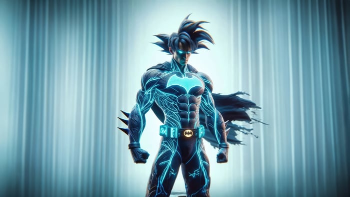 Goku as Batman with glowing blue circuits