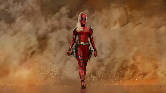 Lady Deadpool in a red and black suit