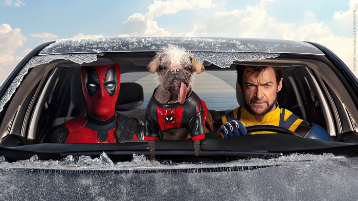 Deadpool and Wolverine in a car