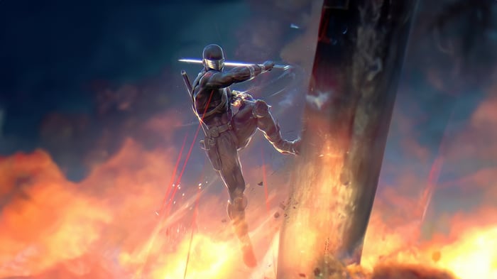 Snake Eyes climbing a burning structure