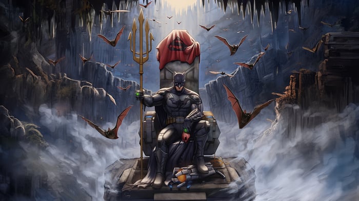 Batman sits on a throne in a cave with bats