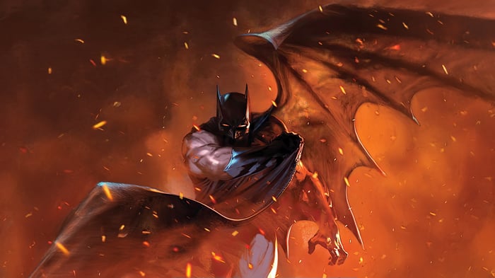 Batman with large wings in fire