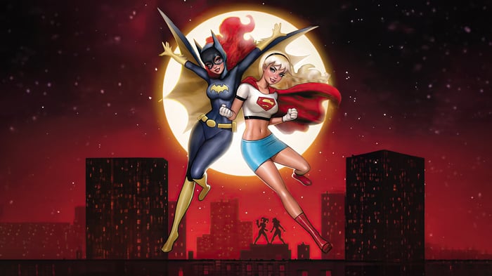 Batgirl and Supergirl against a full moon