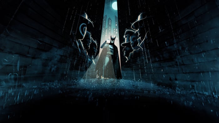 Batman in a Spotlight Surrounded by Silhouettes