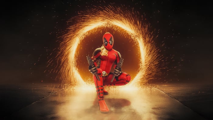 Lady Deadpool with Guns in Fiery Portal