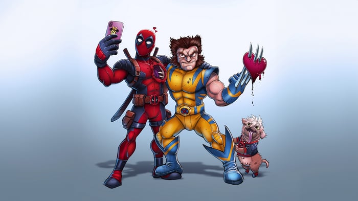 Deadpool and Wolverine with a dog