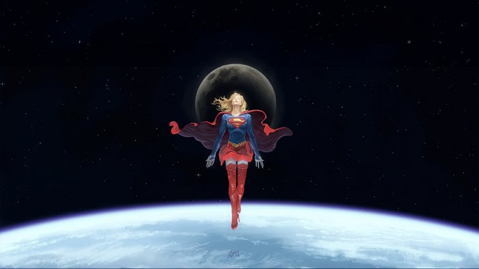 Supergirl flying in space with Earth and Moon