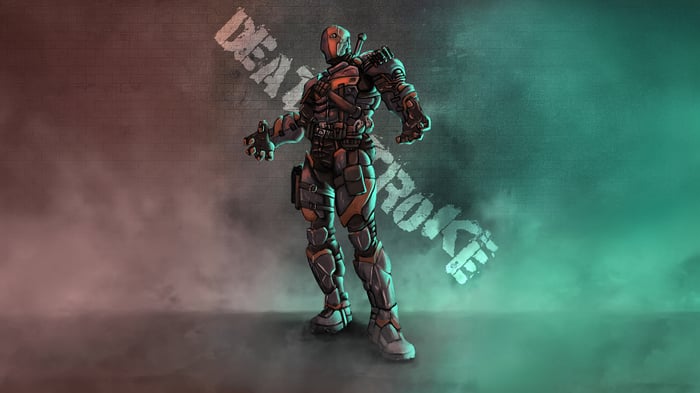 Deathstroke stands in a smoky alleyway
