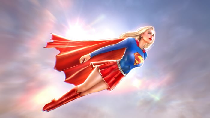 Supergirl flying through the sky