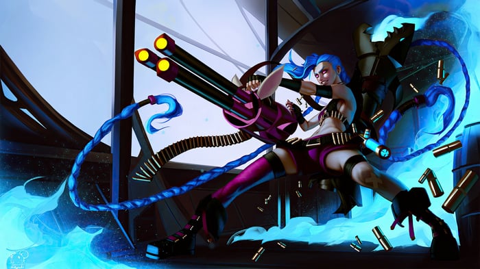 Jinx with her minigun and blue energy